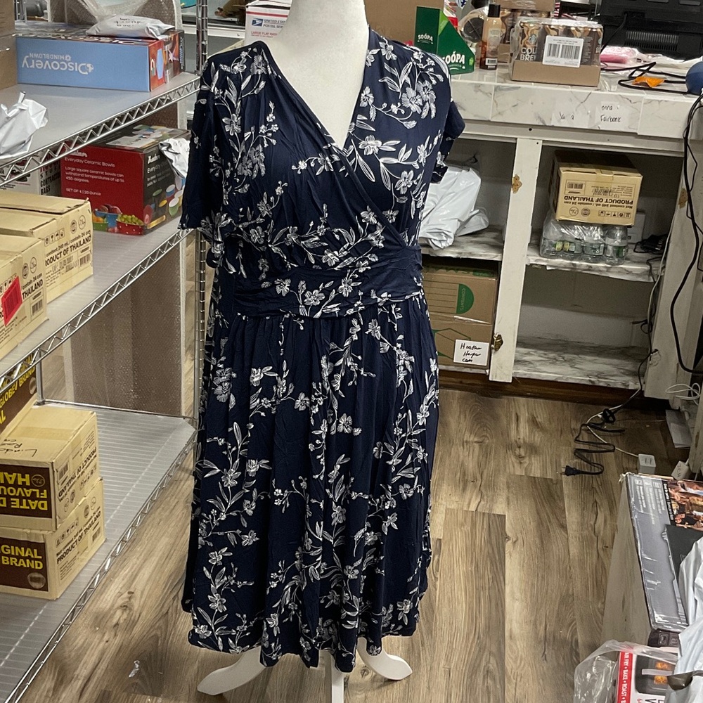 Navy Floral Wrap-Style Women’s Dress